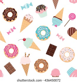 Birthday seamless pattern with sweets - ice cream, donuts, cupcakes, chocolate bar, candies.