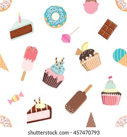 Birthday seamless pattern with sweets - ice cream, donuts, cupcakes, chocolate bar, candies.