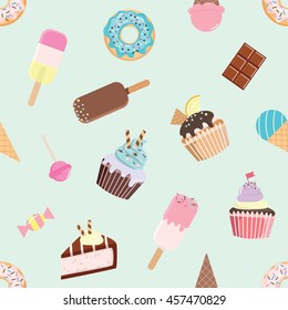 Birthday seamless pattern with sweets - ice cream, donuts, cupcakes, chocolate bar, candies.