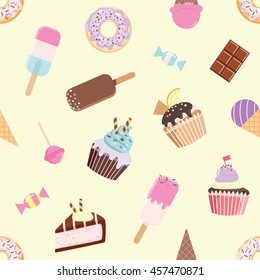 Birthday seamless pattern with sweets - ice cream, donuts, cupcakes, piece of cake, chocolate bar, candies.