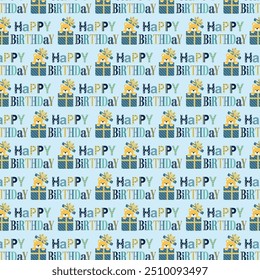 Birthday seamless pattern with teddy bear in a box and lettering