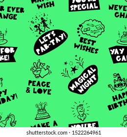 Birthday seamless pattern. Text and illustrations.