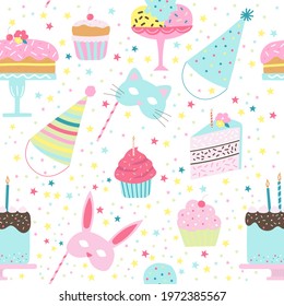 Birthday seamless pattern with various party elements. Background with cakes, cupcakes, ice cream, caps, animal masks on steaks. Vector illustration.  