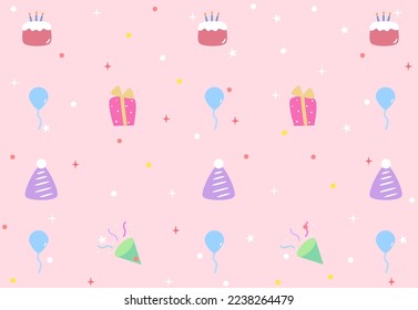 Birthday seamless pattern with various party elements, with cakes,  ice cream, caps, gift , textile, vector illustration