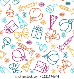 Birthday seamless pattern. Vector background with outline colored icons. Coloring page for adult