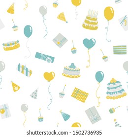 Birthday seamless pattern. Vector background with holiday cake, gifts, balls, cupcakes. Limited yellow-blue pastel palette ideal for printing.