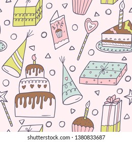 Birthday seamless pattern. Vector illustration in hand drawn style.