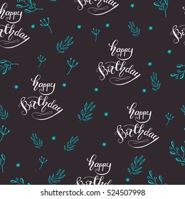 Birthday seamless pattern, vector illustration with lettering and hand drawn design elements.