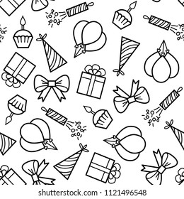 Birthday seamless pattern. Vector monochrome background with outline icons. Coloring page for adult