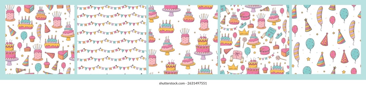 birthday seamless patterns collection decorated with doodles  for wallpaper, backgrounds, wrapping paper, textile prints, scrapbooking, digital paper, etc. EPS 10