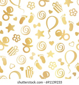 Birthday Seamless vector background pattern of gold kids elements: balloon, feeder, footprints and stars. Kids vector illustration background. Good for Baby Shower and birthday card.
