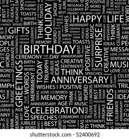 BIRTHDAY. Seamless vector background. Wordcloud illustration.
