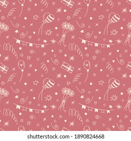 Birthday seamless vector pattern in pink and champagne doodle. Cute cartoon background for St. Valentine's