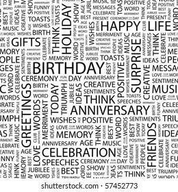 BIRTHDAY. Seamless vector pattern with word cloud. Illustration with different association terms.