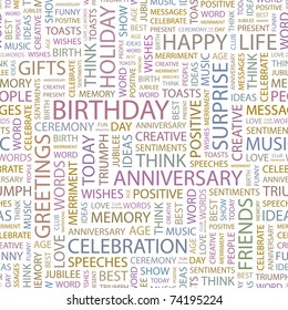 BIRTHDAY. Seamless vector pattern with word cloud. Illustration with different association terms.