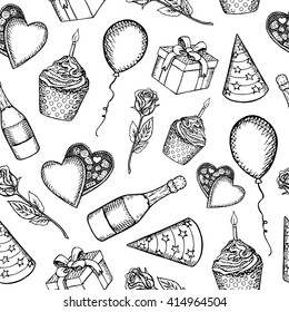 Birthday seamless white pattern. Hand drawn doodle sketch illustration texture. Collection of vector decoration elements. Cake, balloon, champagne, ribbons, gift, holiday, rose, candy.Design holidays.
