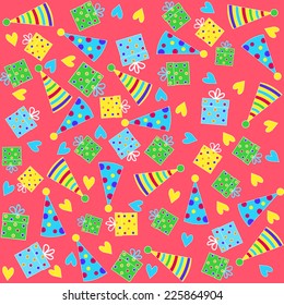 birthday seamless,pattern.colorful hats, boxes and hearts on a red background,vector