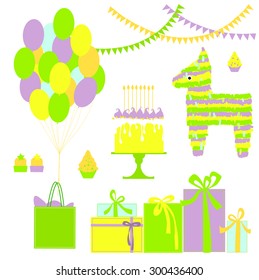 Birthday set. Balloons, pinata, cake, garlands, gifts.