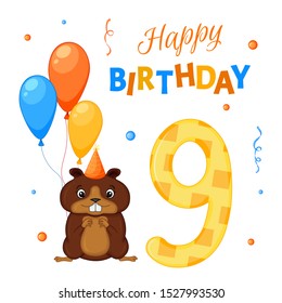 Birthday set with beaver, the inscription "Happy Birthday" and the number nine. Cartoon style. Vector