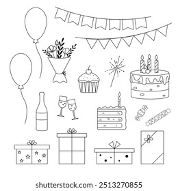 Birthday set with cake, candy, cupcake, flags, gift boxes, bouquet of flowers in line art style