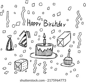 Birthday set. Cake cupcake gift candle and cracker. Vector illustration.