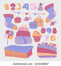 Birthday set with cakes, cupcakes, socks, candy, gifts and numbers