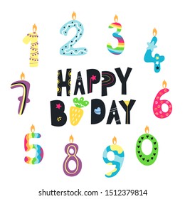 Birthday set. Candle numbers figure and inscription - happy birthday! Hand drawn elements isolated doodle style for birthday illustration