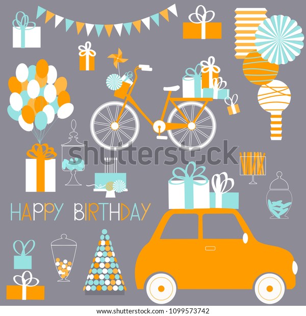 Birthday set with car,  gifts, cake,
sweets, balloons. Vector
illustration.