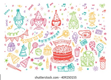 Birthday set. Children's Birthday Party. Funny Kids. Boys and girls in festive paper hats and Party Supplies.  Hand drawn doodle Birthday Party elements. Happy Birthday. Vector Celebratory attributes