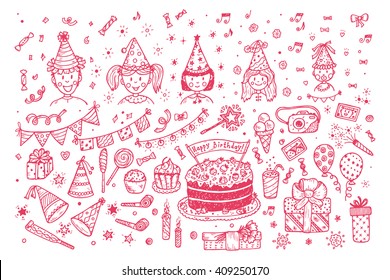 Birthday set. Children's Birthday Party. Funny Kids. Boys and girls in festive paper hats and Party Supplies.  Hand drawn doodle Birthday Party elements. Happy Birthday. Vector Celebratory attributes