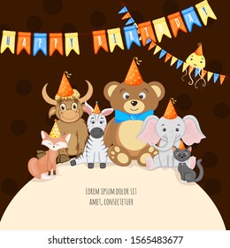 Birthday set with cute animals. Cartoon style. Vector illustration