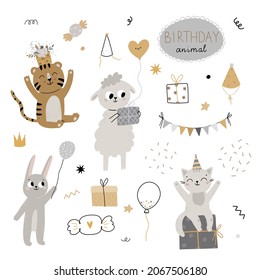 Birthday set with cute animals. A collection of happy cat, sheep, tiger, bunny, balloons, party hats, gifts and sweets. Illustration isolated on white background.