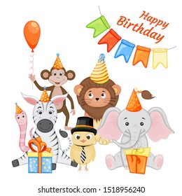 Birthday set with cute animals for a greeting card or invitation. Cartoon style. Vector