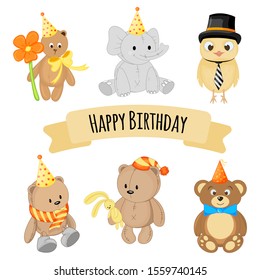 Birthday set of cute animals for holiday card or invitation. Cartoon style. Vector illustration