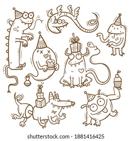 Birthday set  with cute cartoon monsters in party hats. Vector doodle collection. Little funny animal print. Сake and gift poster.