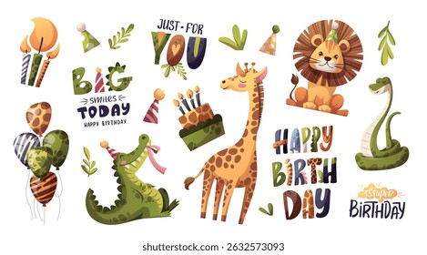 Birthday set with cute jungle animals, cake, gifts, balloons, party hats. Handwritten lettering. Crocodile, lion, giraffe, snake. Vector illustration.