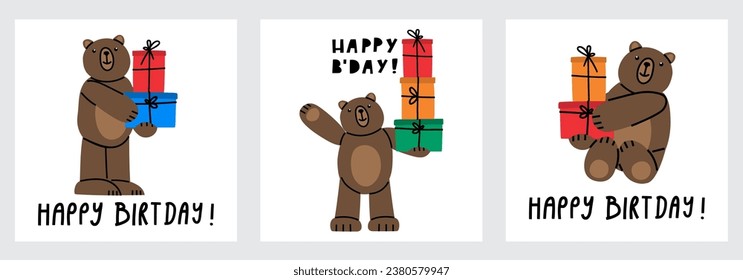Birthday set of cute Teddy Bears with presents. Illustration on simple modern cartoon style. Colorful various funny characters. Isolate on a white background. Gift concept. EPS 10