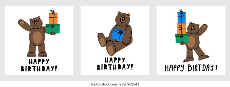 Birthday set of cute Teddy Bears with presents. Illustration on simple modern cartoon style. Colorful various funny characters. Isolate on a white background. Gift concept. EPS 10