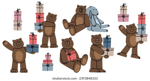 Birthday set of cute Teddy Bears. Illustration on simple modern cartoon style. Colorful various funny characters. Isolated on white background. Valentines day, love, romance, toy, gift concept. 