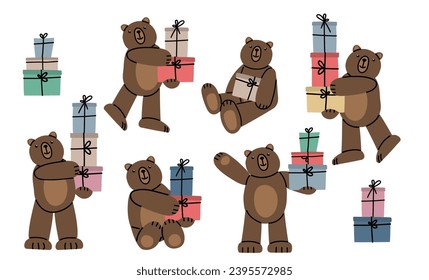 Geburt süße Teddybären. Illustration auf einfachem, modernem Cartoon-Stil. Farbige verschiedene lustige Charaktere. Einzeln auf weißem Hintergrund. Valentinstag, Liebe, Romantik, Spielzeug, Geschenkkonzept. 