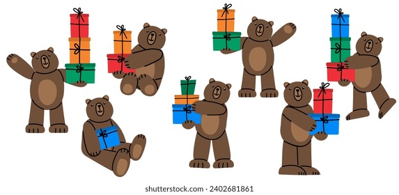 Birthday set of cute Teddy Bears. Illustration on simple modern cartoon style. Colorful various funny characters. Isolated on white background. Valentines day, love, romance, toy, gift concept. 