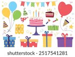 Birthday set of decorative elements. Colorful holiday items. Festive party elements. Vector illustration