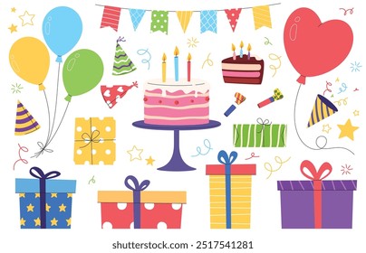 Birthday set of decorative elements. Colorful holiday items. Festive party elements. Vector illustration