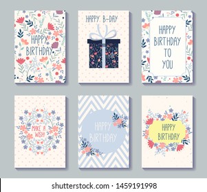 Birthday set design template with flowers. Collection of beautiful greeting cards. Vector illustration.