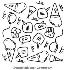 birthday set with doodle line style vector