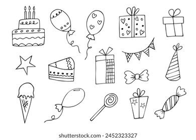 Birthday set in Doodle style. Hand-drawn birthday party supplies. Vector.