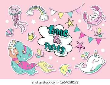 Birthday set with fashion patch badges mermaid, unicorn whale, fish, jellyfish, crab and starfish on a pink background. Vector stock illustration party for girl