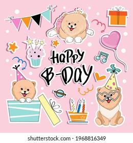 Birthday set with funny cartoon spitz dogs, cake and festive decor. Vector illustration isolated. Doodle animals collection. T-shirt design, greeting card, baby shower