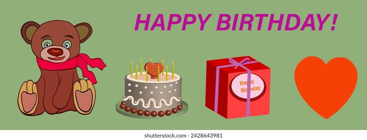 Birthday set for gift card. Teddy bear, cake, birthday gift, all from heart. Vector illustration.