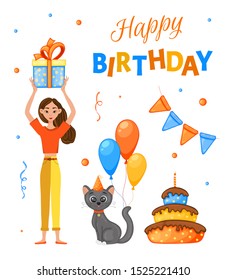 Birthday set with a girl, cat and the inscription "Happy birthday". Cartoon style. Vector